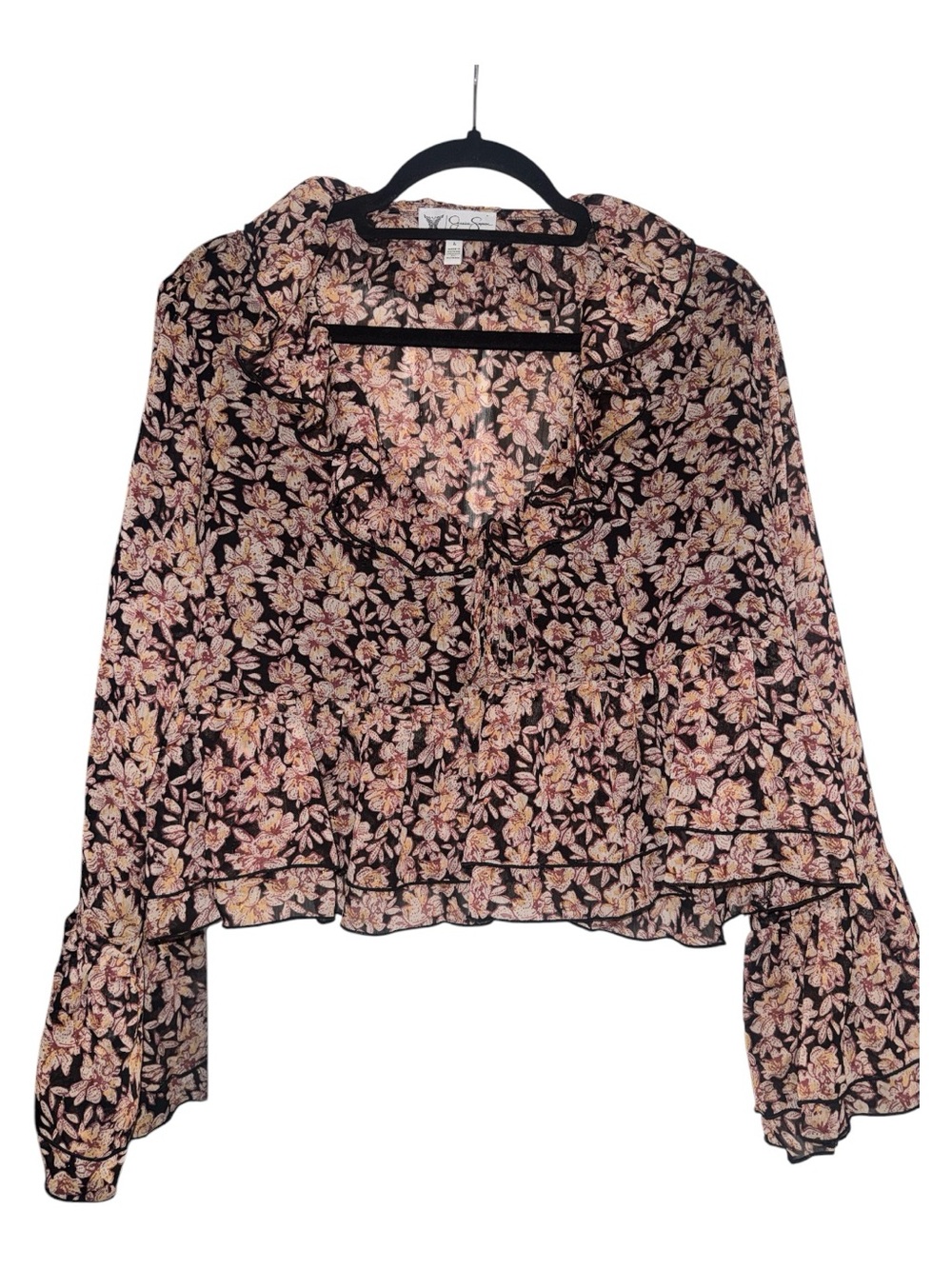 Jessica Simpson Black Floral Ruffle Tie-Neck Blouse